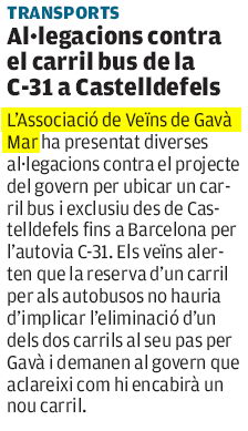 Notícia publicada el 19 de març de 2008 al diari AVUI sobre les al·legacions de l'AVV de Gavà Mar al possible carril bus de l'autovia de Castelldefels